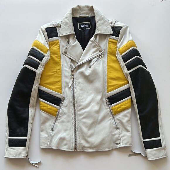 Tigha Leather Biker Jacket in White Yellow Black - Picture 4 of 16